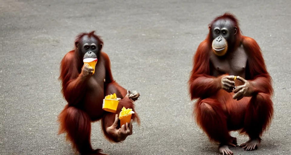 Prompt: a orangutan eating a big mac, holding a drink in its hand