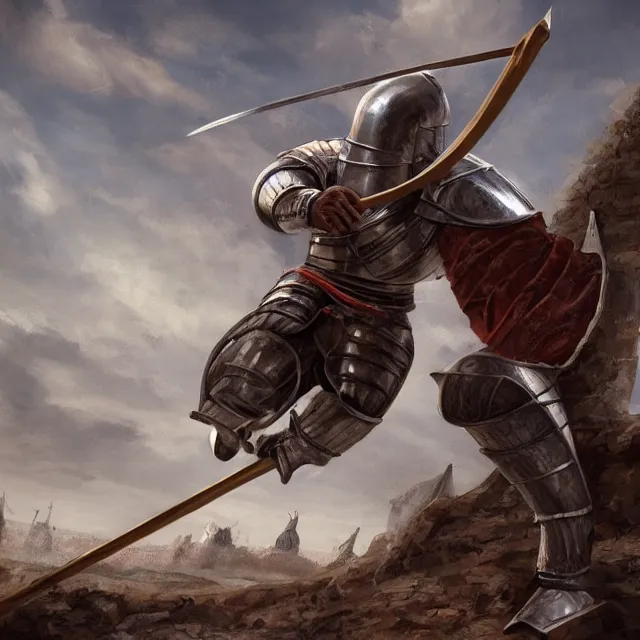 Prompt: medieval knight uses catapult, 4 k