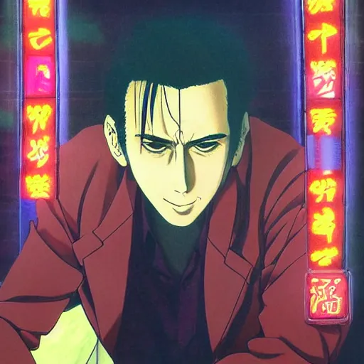 Image similar to beautiful amazing anime portrait painting of nicholas cage in tokyo. neon lights. by hayao miyazaki, katsuhiro otomo, akira toriyama, satoshi kon, eiichiro oda, hideaki anno