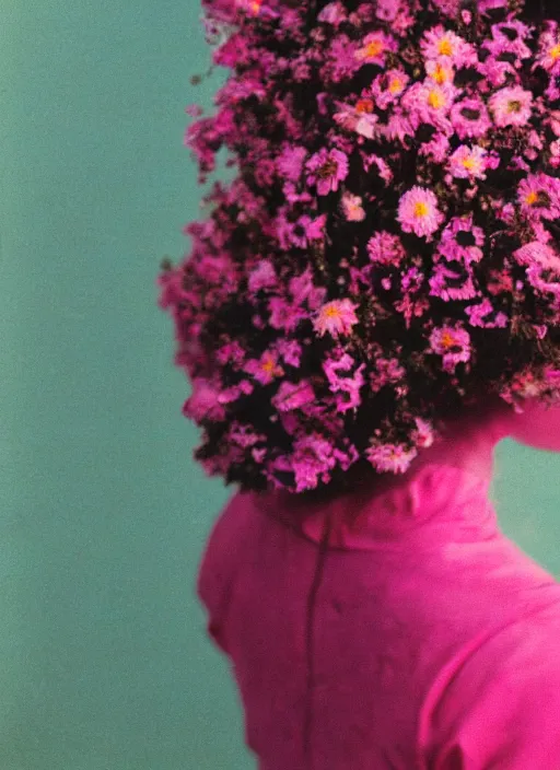 Image similar to extra close-up, color film photography, the back of a woman\'s head with interwoven flowers against a pink wall, daylight, 35mm