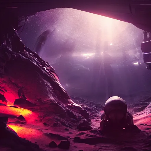 Image similar to a horrified man on a spaceship face to face with an alien from another galaxy, volumetric lighting, 8 k octane beautifully detailed render, post - processing, extremely hyper - detailed, intricate, epic composition, cinematic lighting, masterpiece, trending on artstation, detailed detailed detailed, masterpiece, beautiful cinematic light,