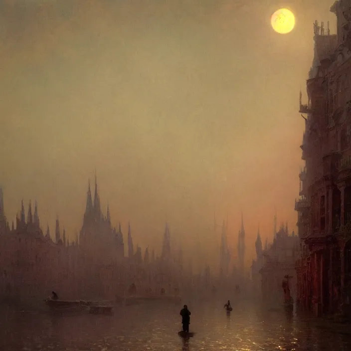Image similar to a beautiful oil painting of a victorian gothic city, illuminated by a red moon at night by ivan aivazovsky and greg rutkowski and james gurney and frank lloyd and sung choi and monet, in style of impressionnisme. hyper detailed, sharp focus, soft light. unreal engine 5 lumen. ray tracing. trending on artstation. oil on canvas