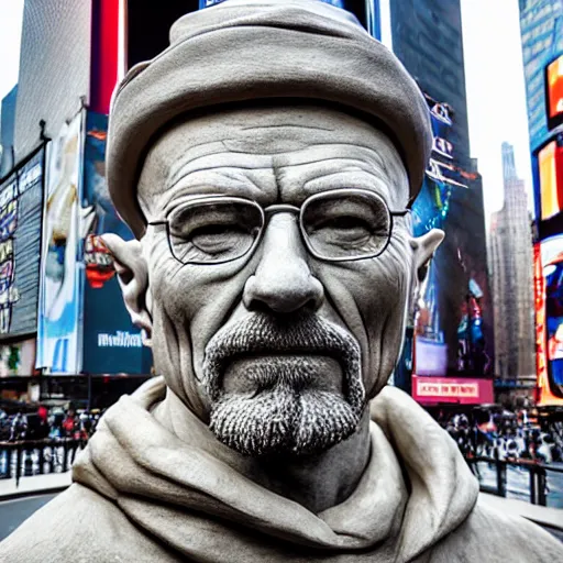 Image similar to extreme long - shot photograph of a renaissance clay sculpture of walter white wearing a phrygian cap in front of times square, made by michelangelo, very detailed, sharp focus, 8 k resolution, ray tracing