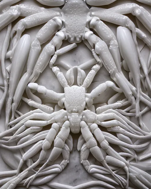 Prompt: white white marble, white white marble bas relief sculpture, white white and gold kintsugi, feminine shapes, crabs, spiders, scorpions, tarantulas, stunning, highly detailed, intricately detailed, octane, 8 k, trending on artstation