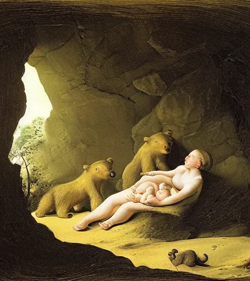 Image similar to looking into dark cave with a mother bear and her cubs sleeping, night time, artwork by Pieter Claesz