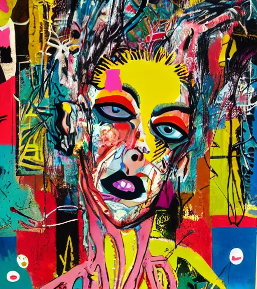 Prompt: acrylic painting of a bizarre psychedelic woman in japan in spring, mixed media collage by basquiat and jackson pollock, maximalist magazine collage art, retro psychedelic illustration