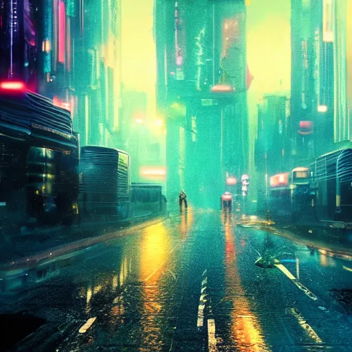 Prompt: jellyfish running on the street at night after the rain, with the silhouette of distant mountains in the background, cyberpunk style, blade runner, by darek zabrocki, 8 k