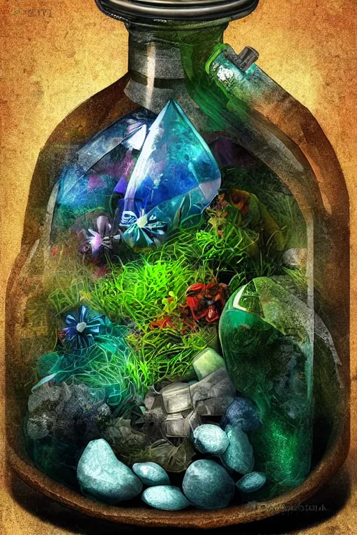 Image similar to a fantasy styled trash inside a terrarium bottle , digital art