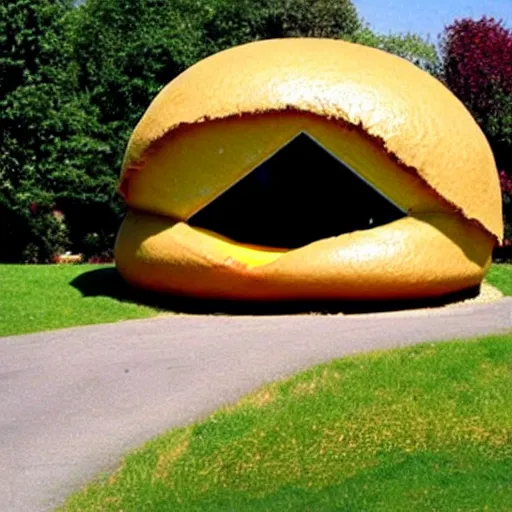 Image similar to a house that looks like a hamburger, with a human living inside
