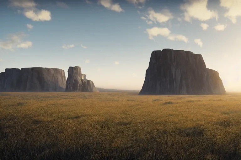 Image similar to a cinematic photograph of a enormous monolith in the middle of a vast serene landscape, rivers and fields run through the landscape and the sun rises over the hilltops, hyper realistic, unreal engine 5, by beeple