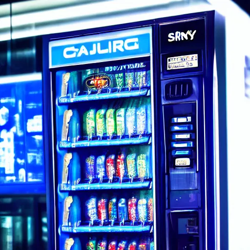 Image similar to a scene of a futuristic vending machine in sky city mall in the style of the ( minority report ) film taken from a distance, minimalist, blue and white, cinematic lighting