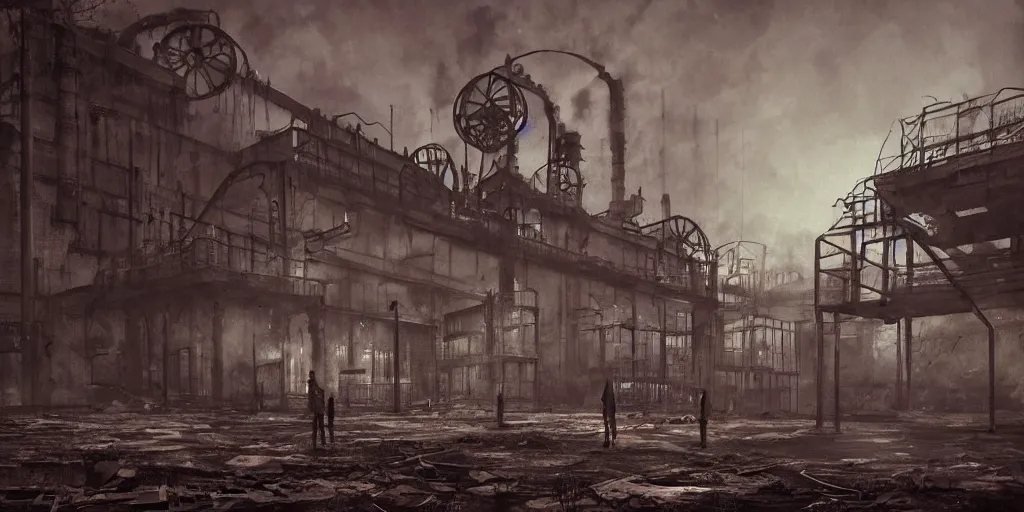 Image similar to an old industrial factory, a ghostly figure is walking between the broken machines, everything is rusted and broken, night time low light, spooky and scary atmosphere, artstation,