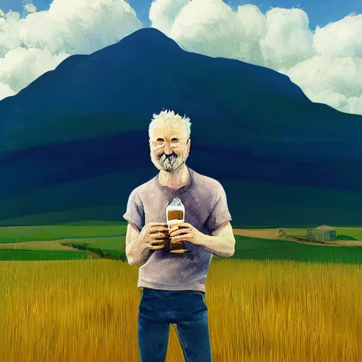 Prompt: a Scottish man holding a pint of beer in the middle of an empty field, In the back ground of the frame is a beautiful landscape., physically accurate, dynamic lighting, intricate, elegant, highly detailed, digital painting, very very ralph steadman, Hieronymus Bosch, Francis Bacon, concept art, smooth, sharp focus, illustration