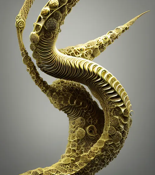 Image similar to abstract organic ornament in fluid creature, white and gold biomechanic plastic, glow lighting, fantasy, intricate, elegant, highly detailed, lifelike, photorealistic, octane render, 3d, concept art, smooth, sharp focus,