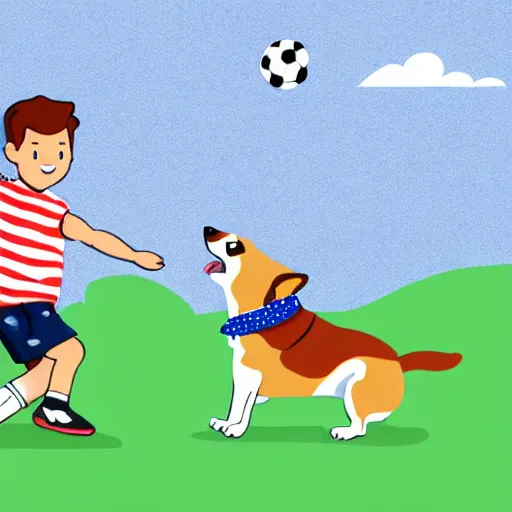 Image similar to illustration of french boy in paris playing football against a corgi, the corgi is wearing a polka dot scarf