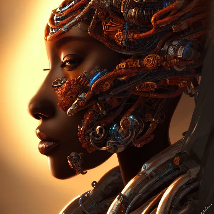 Image similar to beautiful african organic cyborg, diffuse lighting, fantasy, intricate, highly detailed, lifelike, photorealistic, digital painting, artstation, illustration, concept art, smooth, sharp focus