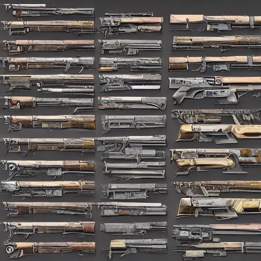 Prompt: kaleidoscope of machine guns, shotguns, rifles, revolvers, bullets, ultra-realistic, intricate details, 4k