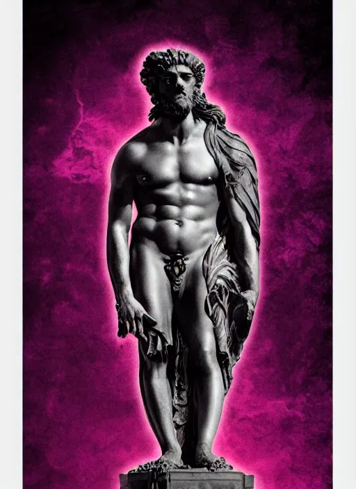 Image similar to elegant dark design poster showing a large greco roman statue of zeus, black background with very subtle red and purple design elements, bold, powerful, nekro, vito acconci, thin straight purple lines, dark, glitch art, neo vaporwave, gritty, layout frame, square, trending on artstation