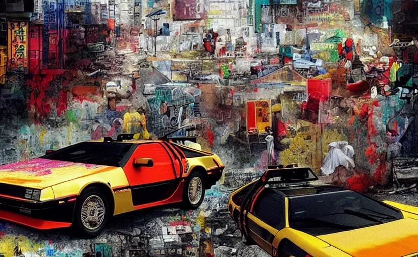 Prompt: a red and yellow delorean in ajegunle slums of lagos in nigeria, painting by hsiao - ron cheng & salvador dali, magazine collage & ukiyo - e style, masterpiece.