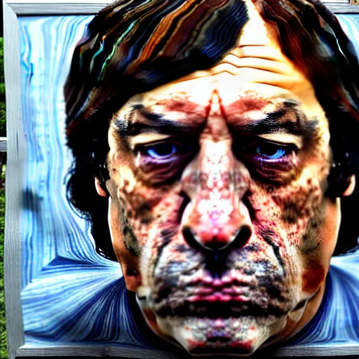 Image similar to javier bardem as anton chigurh in no country for old men. neutral menacing stare. oil painting by lucian freud. path traced, highly detailed, high quality