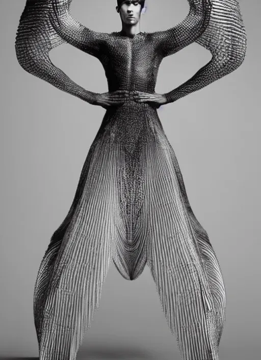 Image similar to a beautiful male dancer wearing iris van herpen couture, photographed by erwin olaf for vogue, symmetrical face