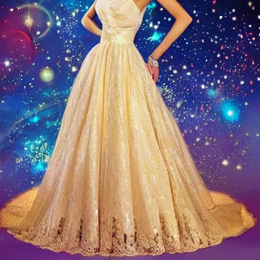 Prompt: beautiful cosmic wedding dress, white background, space print