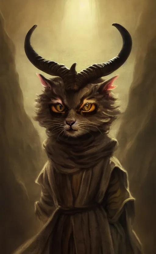 Prompt: a bipedal cat that has two goat horns and is wearing robes, matte oil painting, by rembrandt, d & d, character reveal, fantasy, concept art, cosmic, magical, fog, noble, full body portrait, intricate, ornate, extremely detailed, cult, ritual, sharp focus, 4 k, 8 k