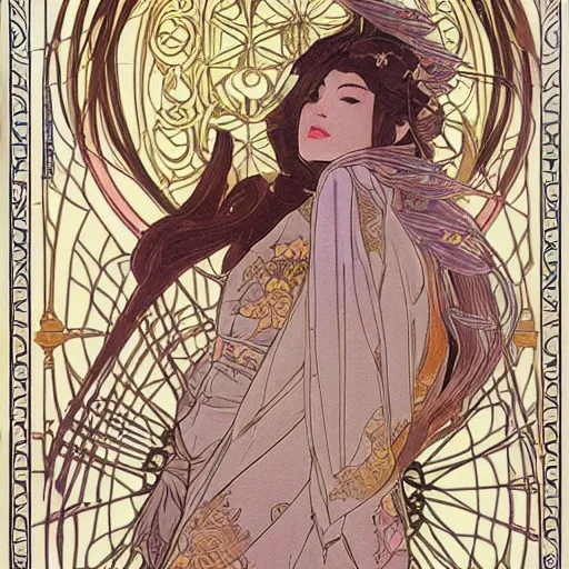 Image similar to the portal of salvation mystical japanese architecture hyperrealistic detail line work female ninja samurai ethereal character concept art wide angle shot muted colors cinematic lighting detailed and intricate style of alphonse mucha and j. c. leyendecker tarot card art print