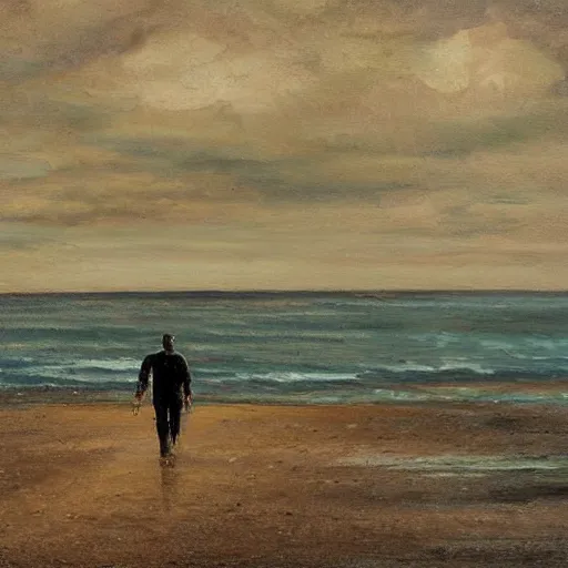 Image similar to a man in a hazmat walking on an abandoned beach, oil painting