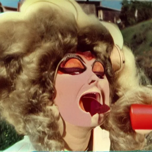 Prompt: 1976 glamorous middle aged woman wearing an inflatable toy head in a small village full of inflatable digestive organs, 1976 French film archival footage technicolor film expired film 16mm Fellini Doris Wishman new wave John Waters movie still