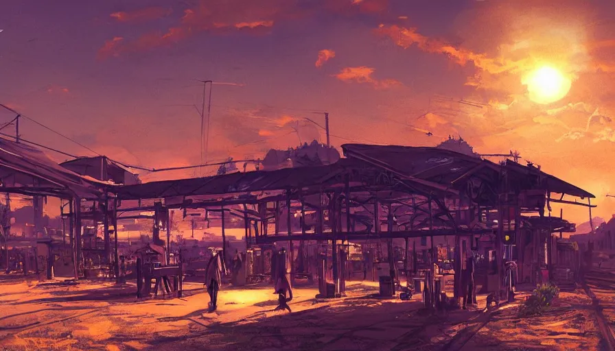 Image similar to train station roadside old west saloon cyber punk cactus graveyard sunset sky clouds illustration by syd mead artstation 4 k 8 k graphic novel concept art matte painting