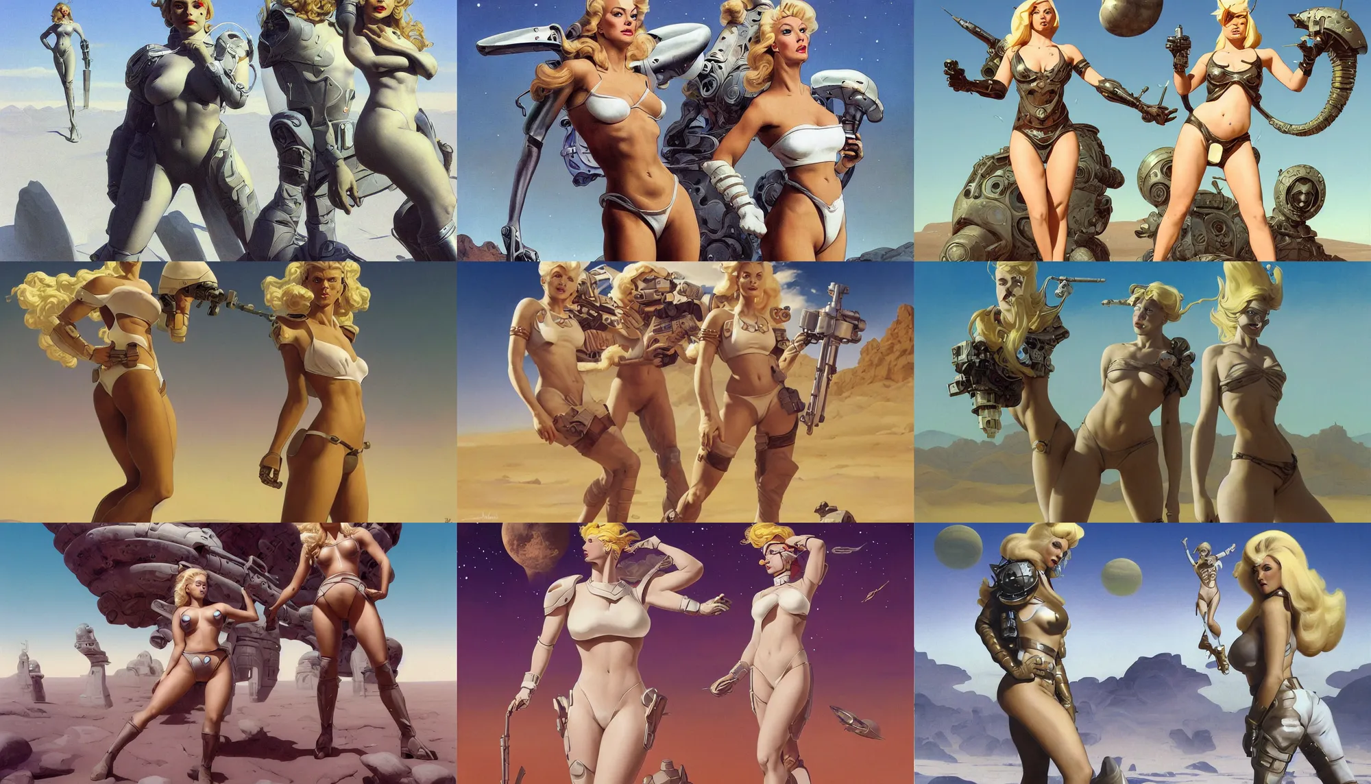 Prompt: A mixed media portrait painting of a beautiful blonde woman posing on a desert alien planet, soldier, curvy, white atomic-space-age style bikini-armor and boots, aesthetic symmetrical face and eyes, slavic, by Boris Vallejo, Beeple, Frank Frazetta, Greg Rutkowski, Christian MacNevin, Alphonse Mucha, epic fantasy character art, high fantasy, CGsociety, 60's Sci-fi Pinup style, exquisite detail, post-processing, masterpiece, cinematic