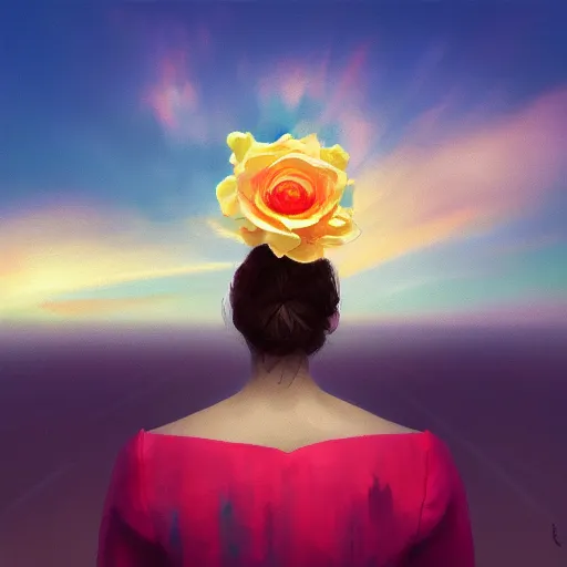 Image similar to closeup, giant rose flower head, frontal, girl in a suit, surreal photography, sunrise, blue sky, dramatic light, impressionist painting, digital painting, artstation, simon stalenhag