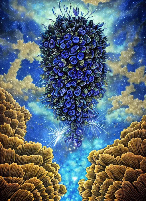 Image similar to detailed, intricate blue black and purple papaverum flower on the field, nebula, galaxy in the sky, winning award masterpiece, fantastically beautiful, illustration, aestheticly inspired, jacek yerka, upscale with anguissola sofonisba work, artstation, 8 k