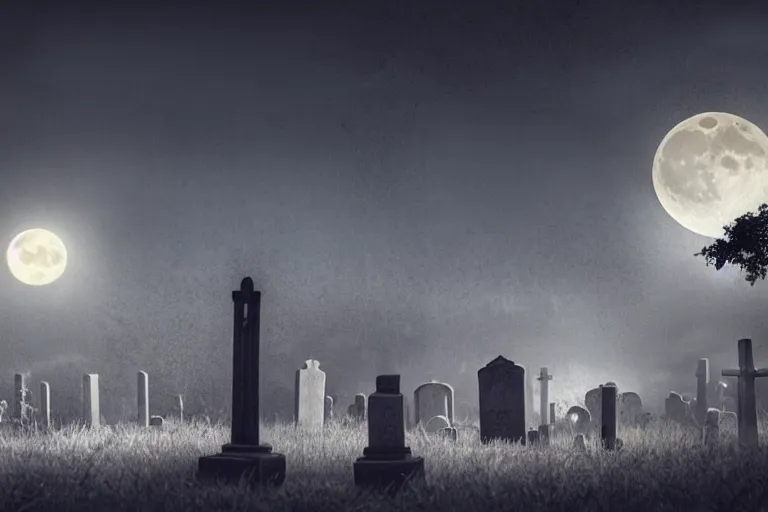 Prompt: a cemetery with a full moon in the background, a detailed matte painting by dirk crabeth, shutterstock contest winner, gothic art, gothic, macabre, goth