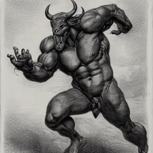Image similar to full body grayscale drawing by Gustave Dore of muscled humanoid balrog beast with horns in heroic pose, swirling flames in background