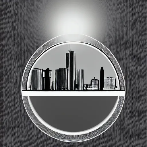 Image similar to a perfect circle, around the outer edge of the circle is the silhouette of a city skyline, inside the circle is empty, black and white, minimalist, in the style of a line drawing