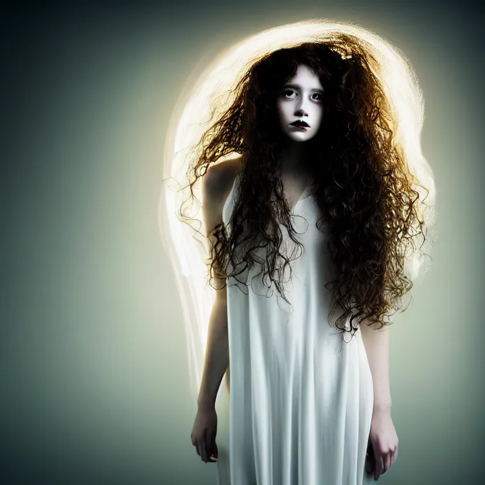 Image similar to simulated photography of a young woman with long curly hair, dressed in long white, light painting in style of Paolo Roversi, professional studio lighting, dark background, hyper realistic photography, fashion magazine style