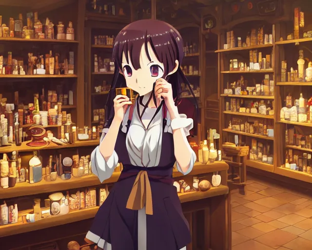 Image similar to anime visual, portrait of a young female traveler drinking a potion in a alchemist's shop interior, cute face by yoh yoshinari, katsura masakazu, cinematic lut, cool studio lighting, dynamic pose, dynamic perspective, strong silhouette, anime cels, ilya kuvshinov, cel shaded, crisp and sharp, rounded eyes, moody