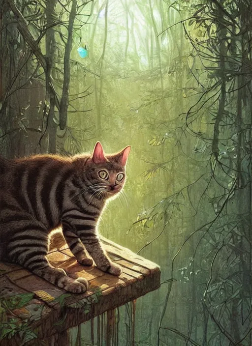 Image similar to a hyper realistic illustrated cat with happy lighting playing in the woods gorgeous lighting, sunbeams blue sky, lush forest foliage painting by chiara bautista and beksinski and norman rockwell and greg rutkowski weta studio, and lucasfilm