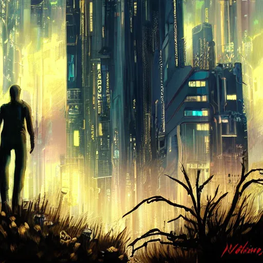 Image similar to the wanderer painting, cyberpunk version