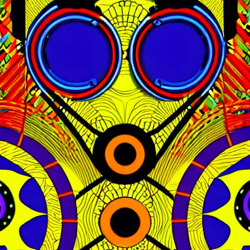 Image similar to a close up of a catchers mask on a colorful african textile background, cyberpunk art by esao, featured on behance, orphism, behance hd, kinetic, trance compilation cd
