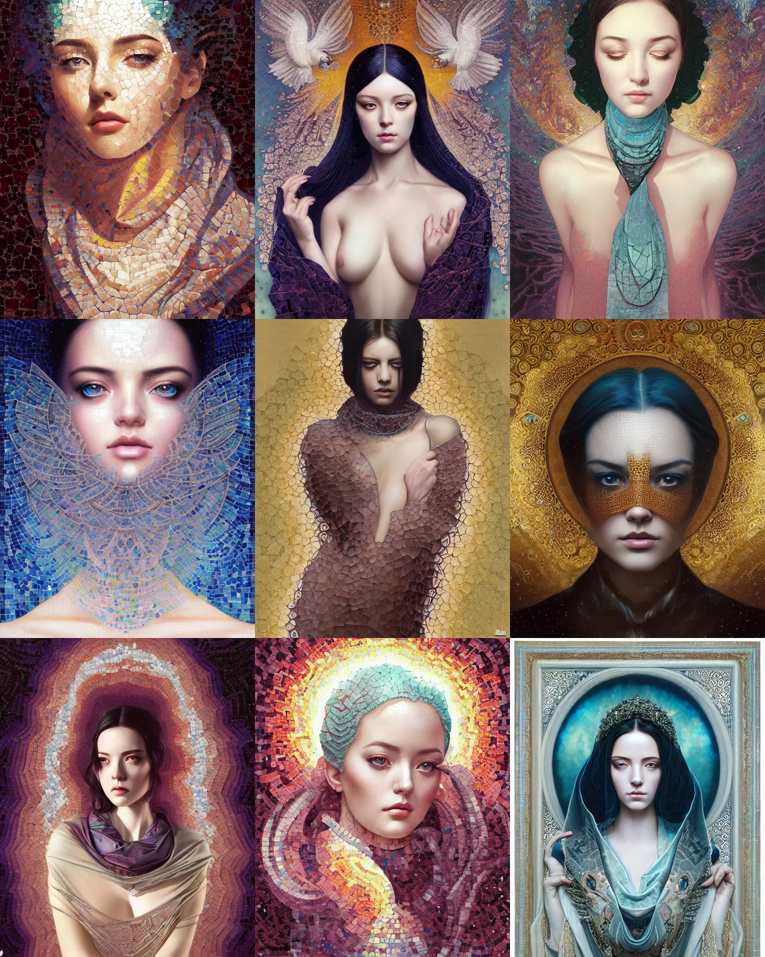 Prompt: tragedy of the mind - driven, silk, fractal crystal, serenity, scarf, ( byzantine mosaics portrait of angelawhite ) by ilya kuvshinov, greg rutkowski, tom bagshaw, james jean, victo ngai, ryohei hase, thomas kinkade, elegant, masterpiece, award winning