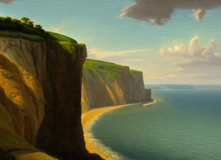 Prompt: cliffs of dover, uk in the style of hudson river school of art, oil on canvas