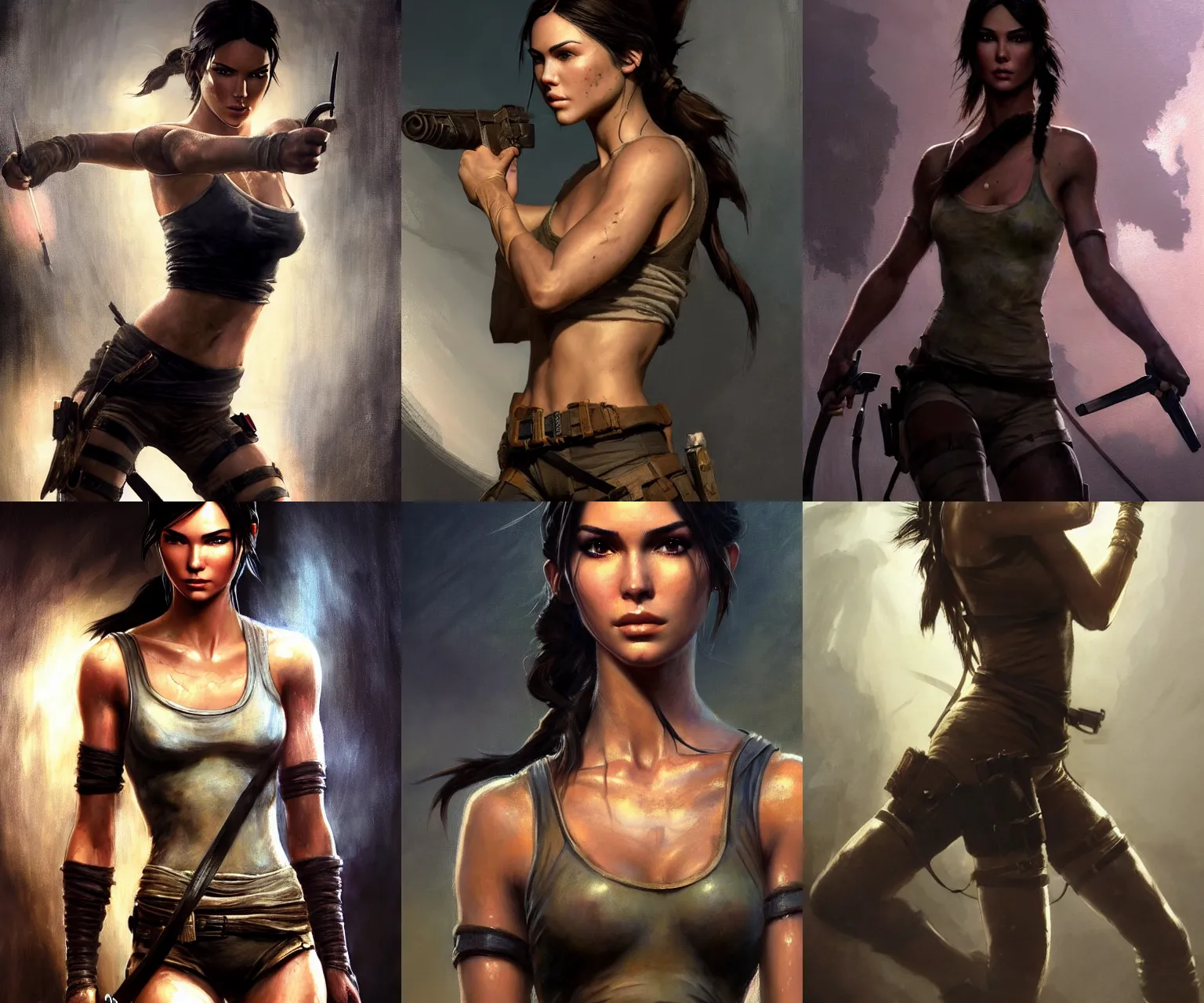 Prompt: a beautiful masterpiece portrait of kendal jenner as lara craft from tomb raider, by frank frazetta, by greg rutkowski, by jc leyendecker, trending on artstation, featured on pixiv, clothed non - nude portrait, hyper detailed, beautiful glowing lights, intricate, elegant, digital painting, tekken 7, cinematic composition, dramatic pose, smooth, sharp focus,