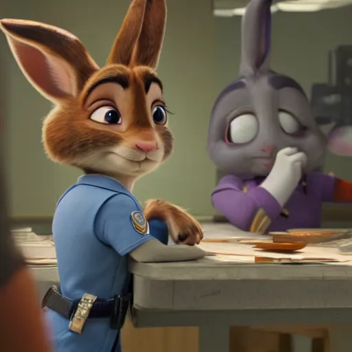 Image similar to Judy Hopps, the rabbit police officer from Zootopia, interrogating Hannibal Lecter from Silence of the Lambs, mashup, 4k movie still