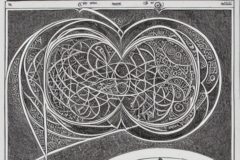 Image similar to an ornate illustration in the styles of mandalas and fractals, the styles of escher and penrose, depicting a weasel staring deep into the heart of the impossible all - and - nothing of the emerging singularity ; / what has god wrought? / he seems to be whispering.