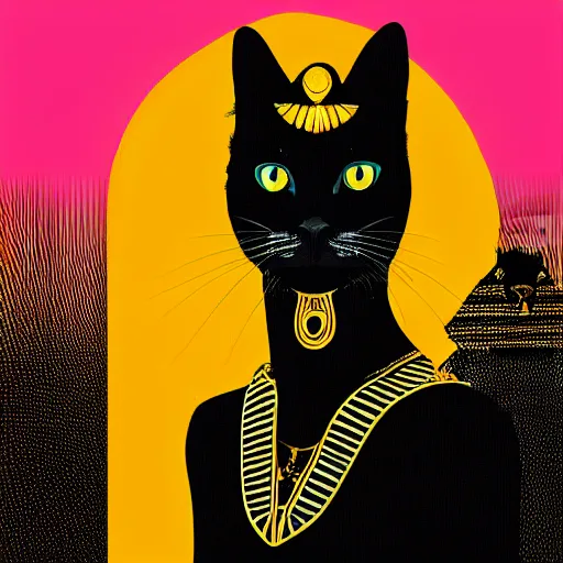 Image similar to A portrait of a black cat Pharaoh, wearing an Egyptian attire and a had, holding a staff, photorealistic digital art in a synthwave style