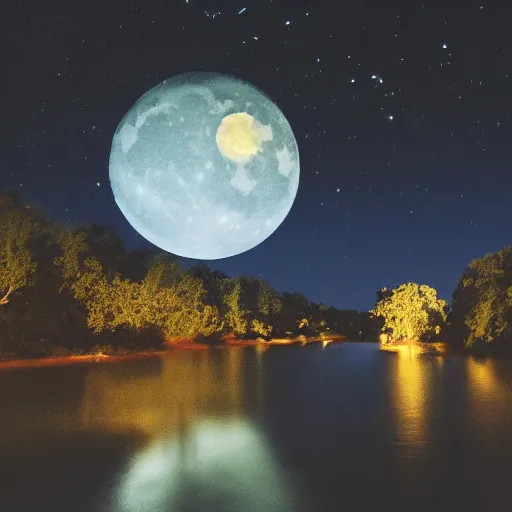 Prompt: a river with a huge moon above it