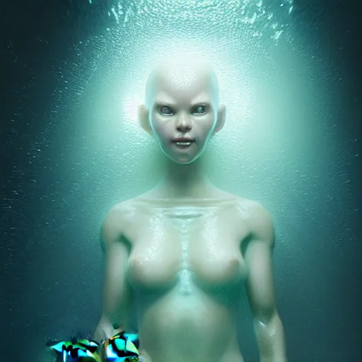 Image similar to ultra realistic horror photo of a dimly lit translucent female alien creature underwater, very intricate details, focus, full frame image, curvy, model pose, artwork by tooth wu and wlop and greg rutkowski, award winning